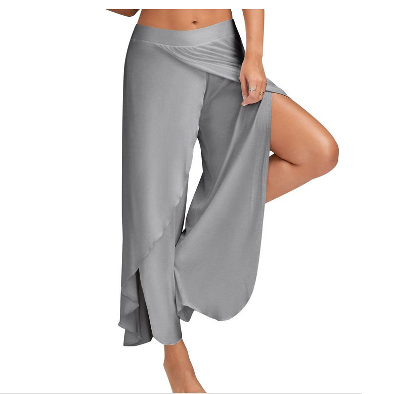 High Slit Cotton Blend Casual Wide Leg Yoga Pants,