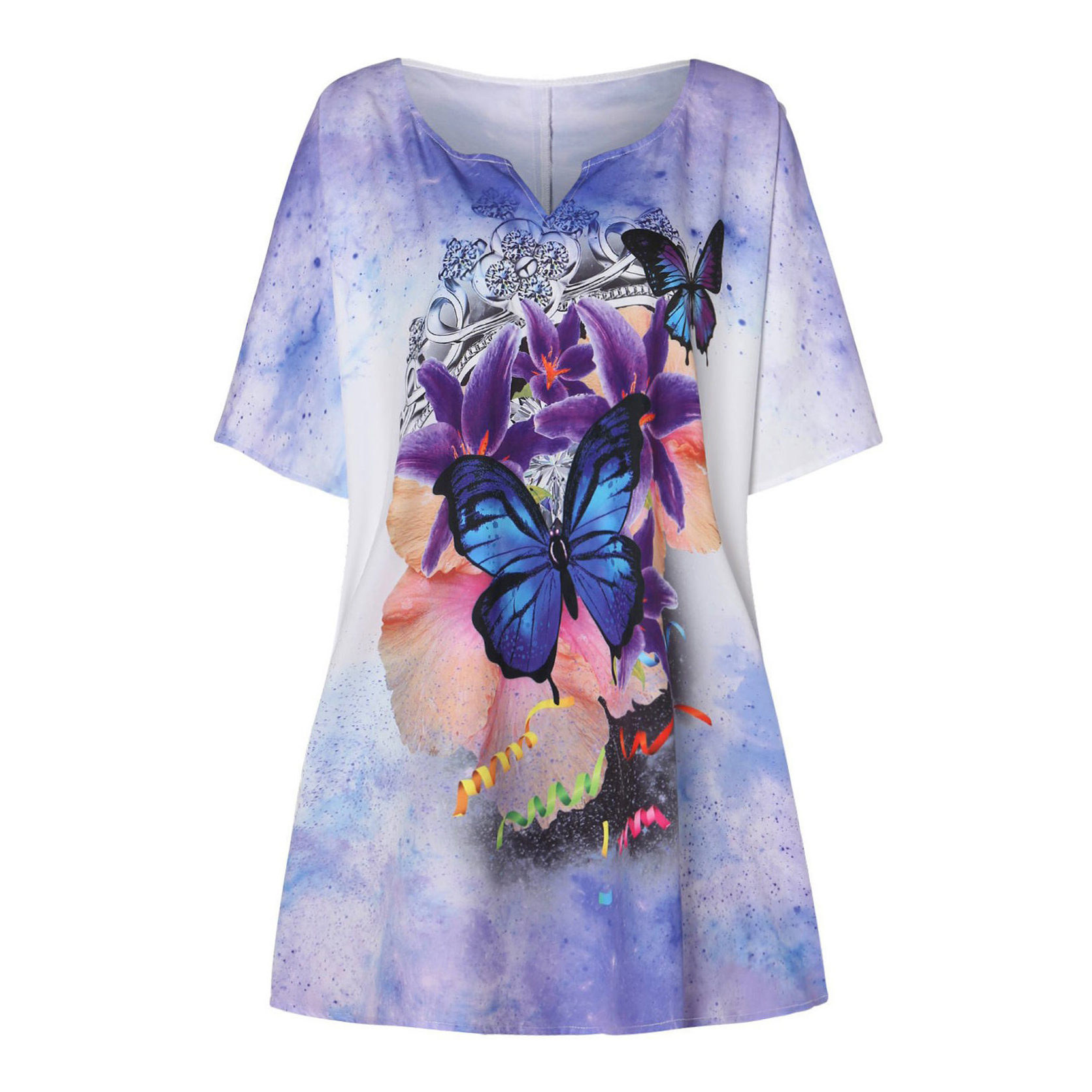 Butterfly Print V Neck Short Sleeve Tee,
