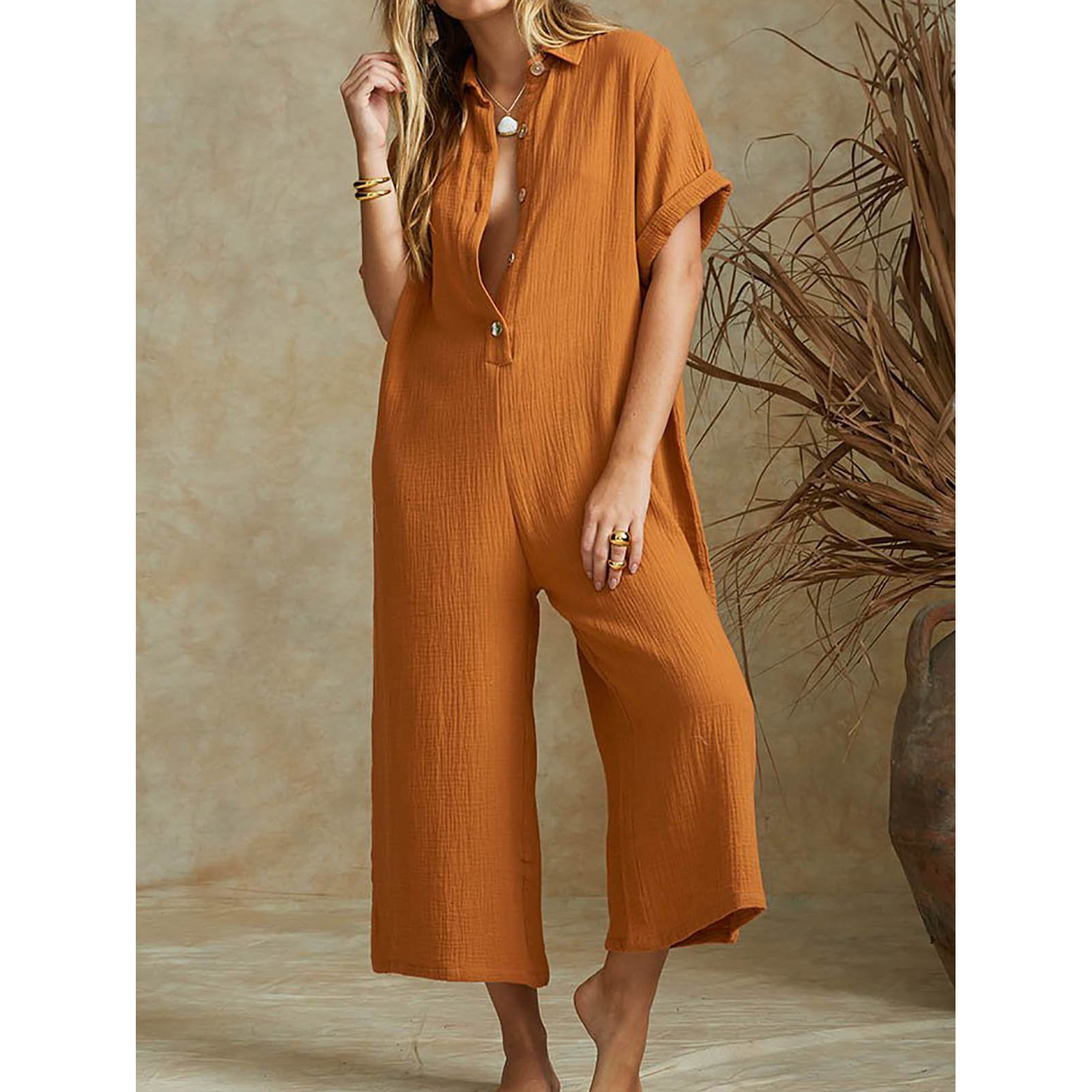 Button Short Sleeve Linen Casual Jumpsuit,Women's Fashion