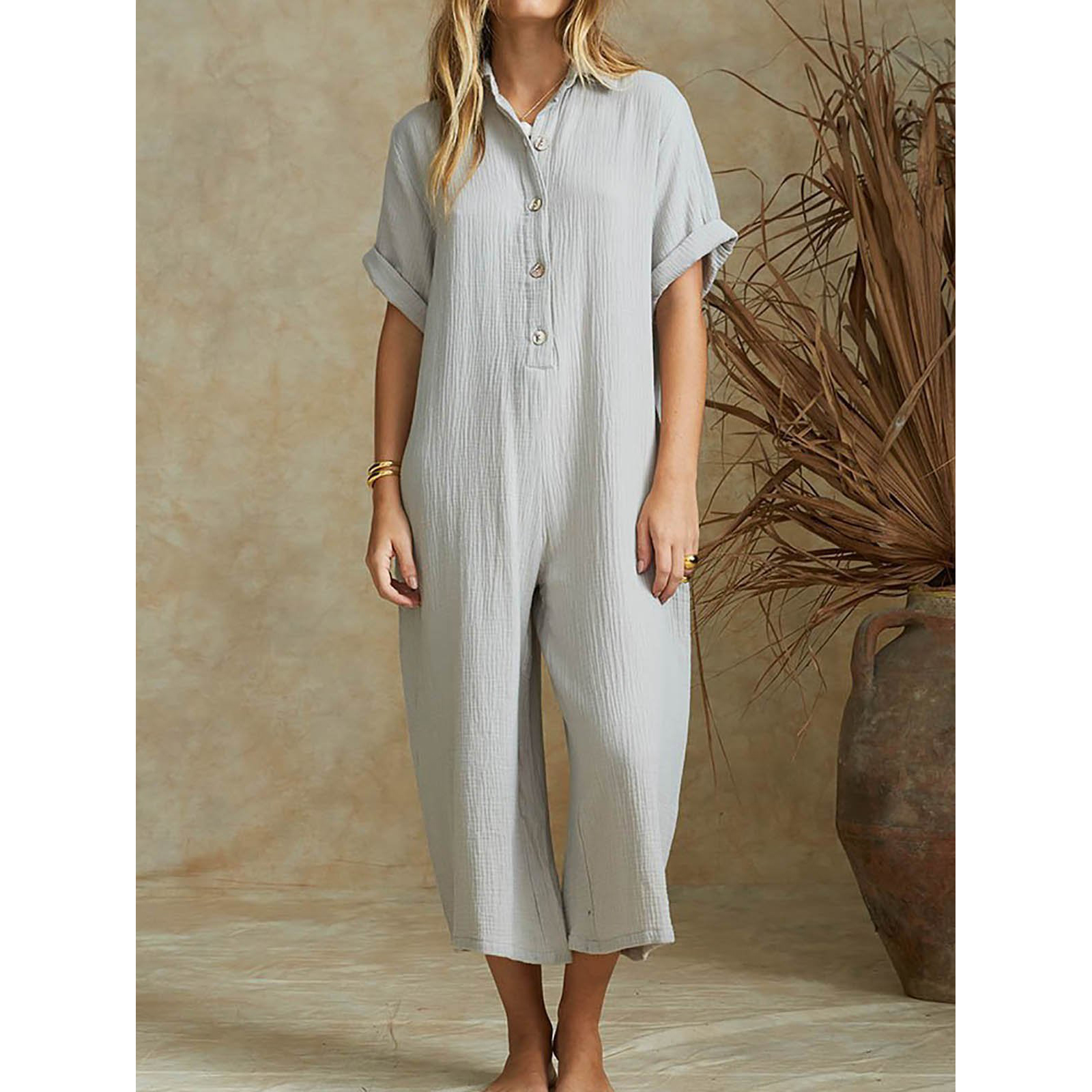 Button Short Sleeve Linen Casual Jumpsuit,Women's Fashion