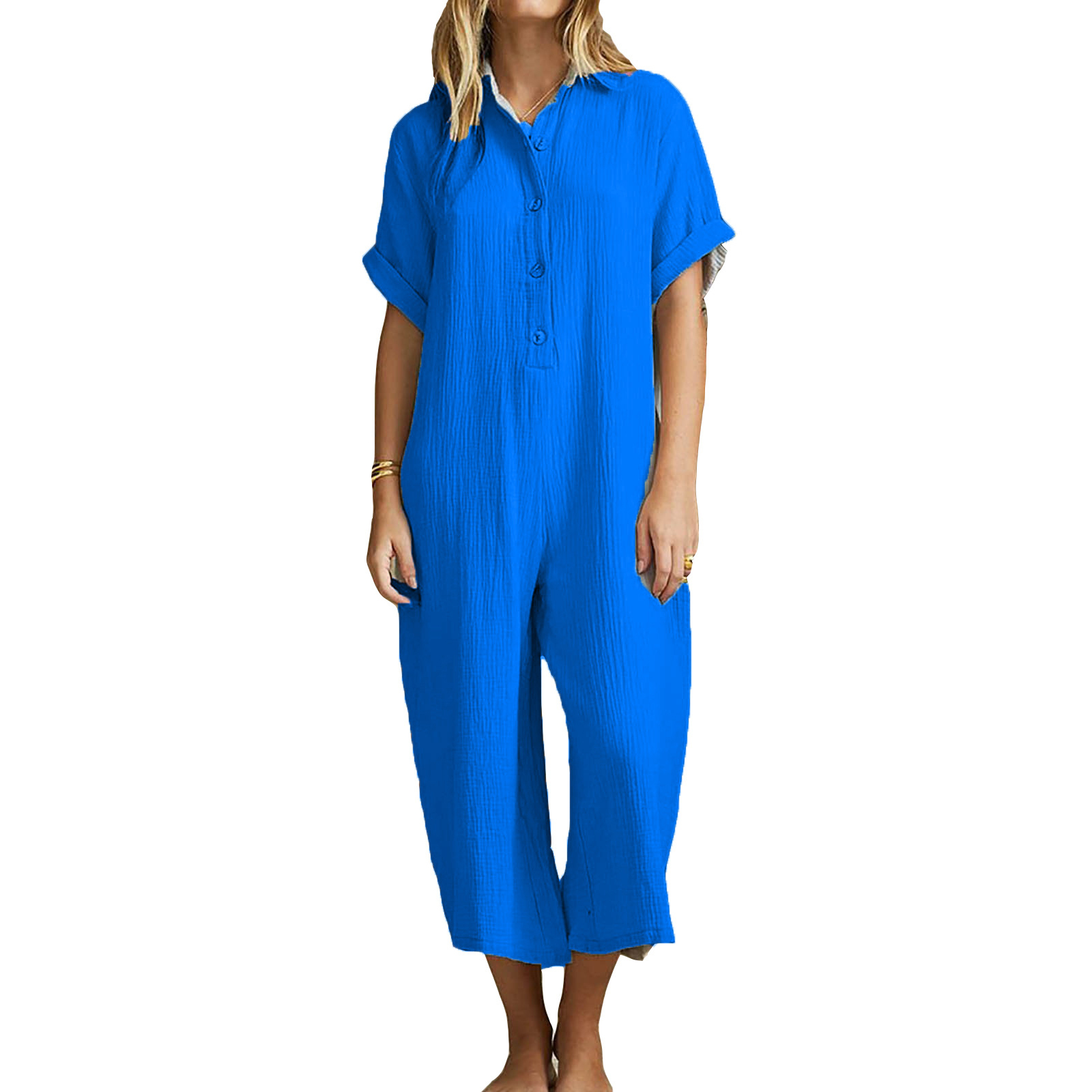 Button Short Sleeve Linen Casual Jumpsuit,Women's Fashion